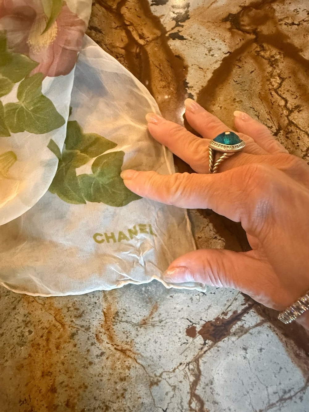 CHANEL White Silk Scarf with Green Floral Print